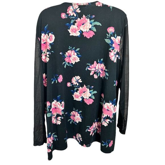 Eye Candy Black Floral Blouse Size 2X 3/4 Sheer Sleeve Top V-Neck - Picture 4 of 5